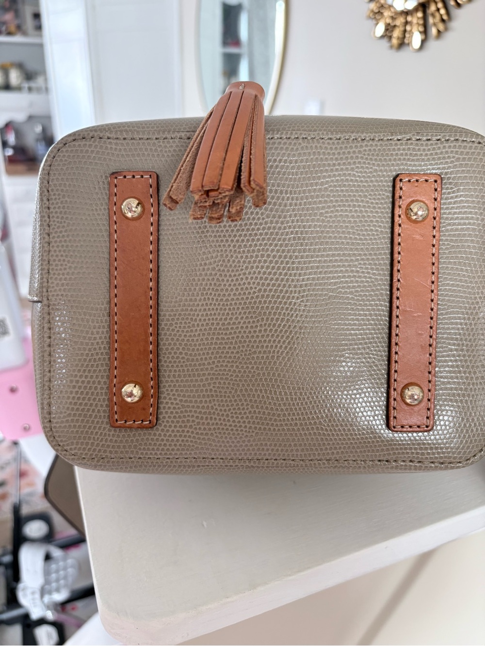 Dooney & Bourke Gray Bucket Bag with Tan Trim and Tassel - Picture 3 of 4
